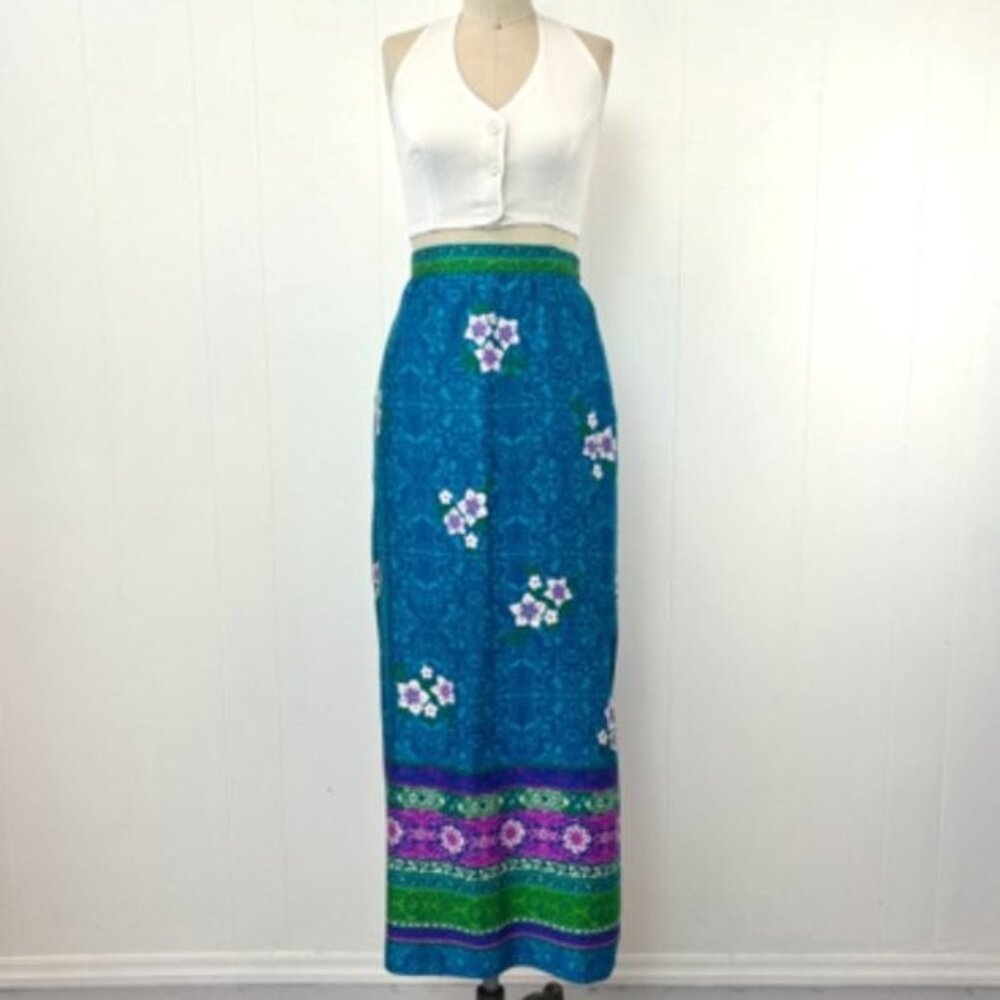 Vintage Alex Colman Maxi Skirt Tropical Boho Floral Side Slit Size S